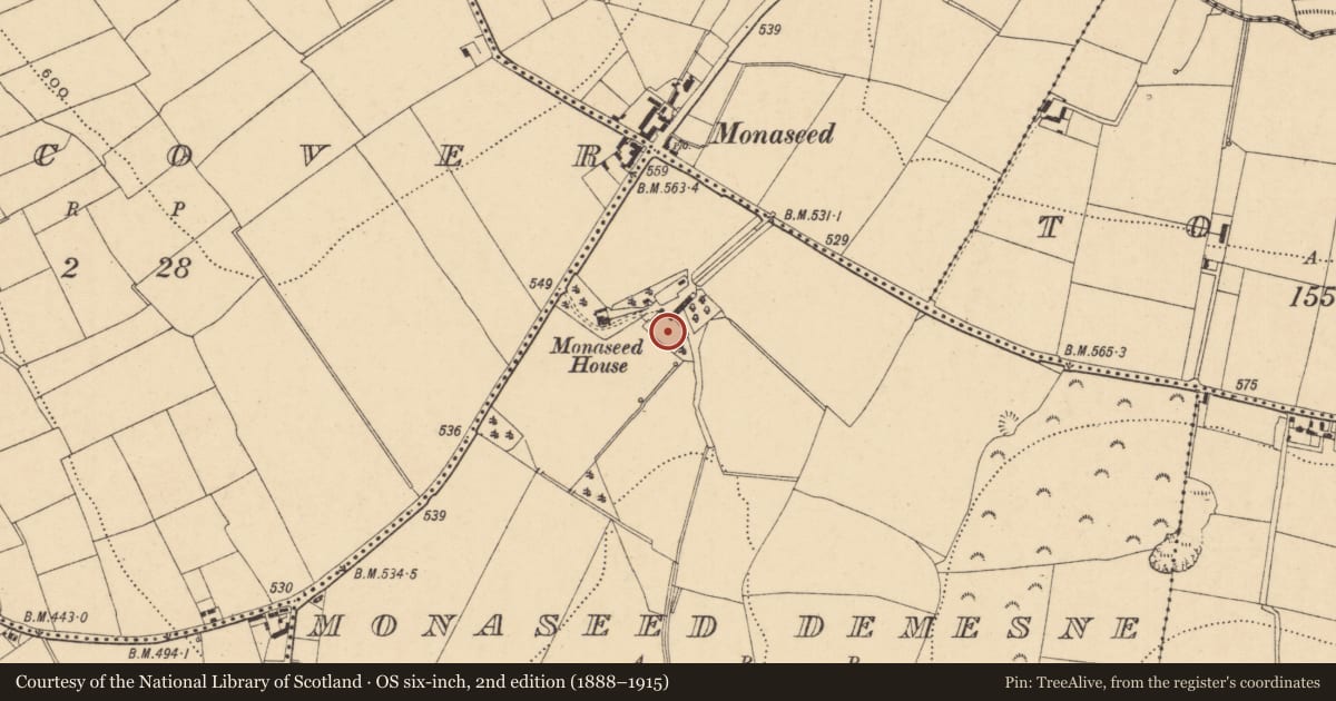 Ordnance Survey six-inch map, 2nd edition (1888–1915) covering the location of Walled garden, Monaseed Demesne, County Wexford, with a pin at the register's coordinates