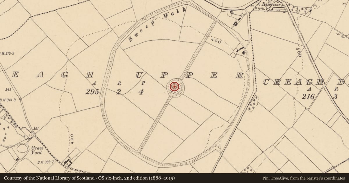 Ordnance Survey six-inch map, 2nd edition (1888–1915) covering the location of Designed landscape feature, Creagh Upper, County Wexford, with a pin at the register's coordinates