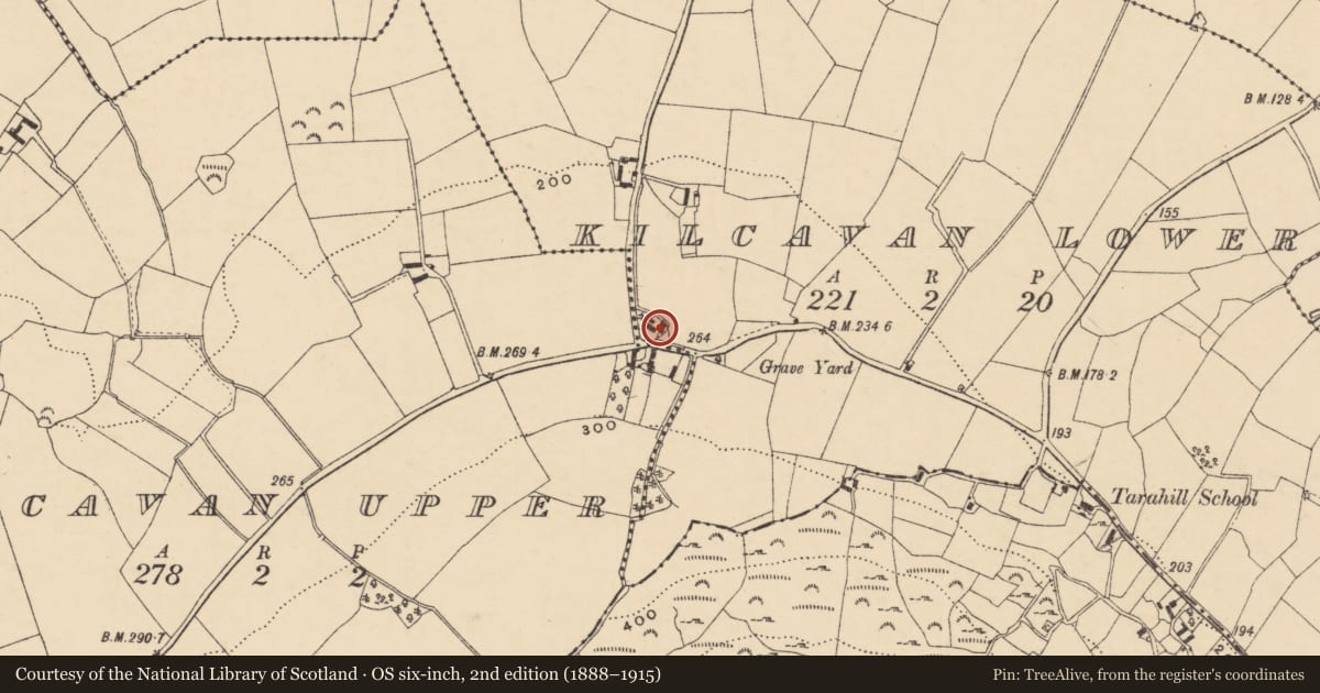 Ordnance Survey six-inch map, 2nd edition (1888–1915) covering the location of Megalithic tomb - unclassified, Kilcavan Lower, County Wexford, with a pin at the register's coordinates