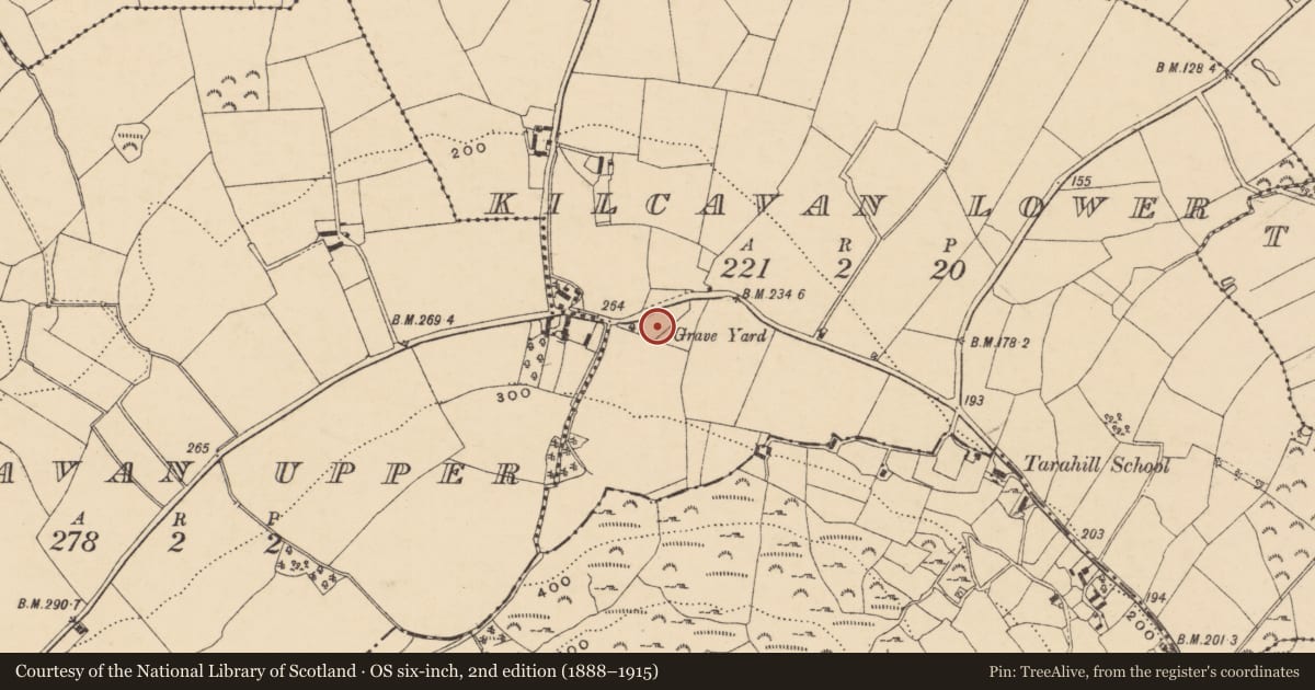 Ordnance Survey six-inch map, 2nd edition (1888–1915) covering the location of Graveyard, Kilcavan Lower, County Wexford, with a pin at the register's coordinates