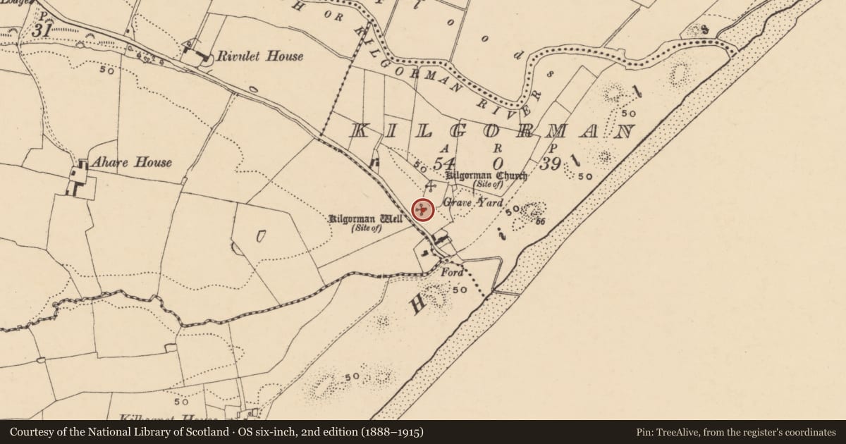 Ordnance Survey six-inch map, 2nd edition (1888–1915) covering the location of Ritual site - holy well, Kilgorman, County Wexford, with a pin at the register's coordinates