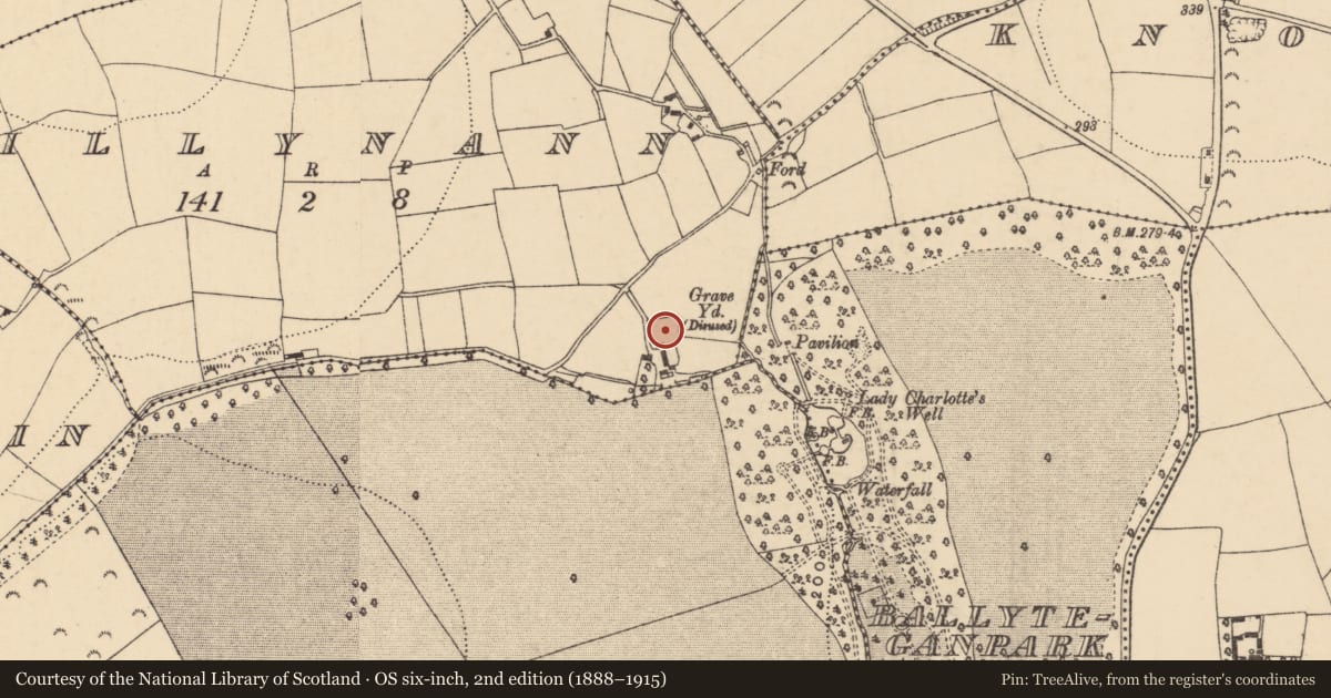 Ordnance Survey six-inch map, 2nd edition (1888–1915) covering the location of Burial ground, Killynann, County Wexford, with a pin at the register's coordinates