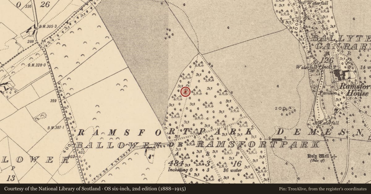 Ordnance Survey six-inch map, 2nd edition (1888–1915) covering the location of Ringfort - rath, Ballowen Or Ramsfort Park, County Wexford, with a pin at the register's coordinates