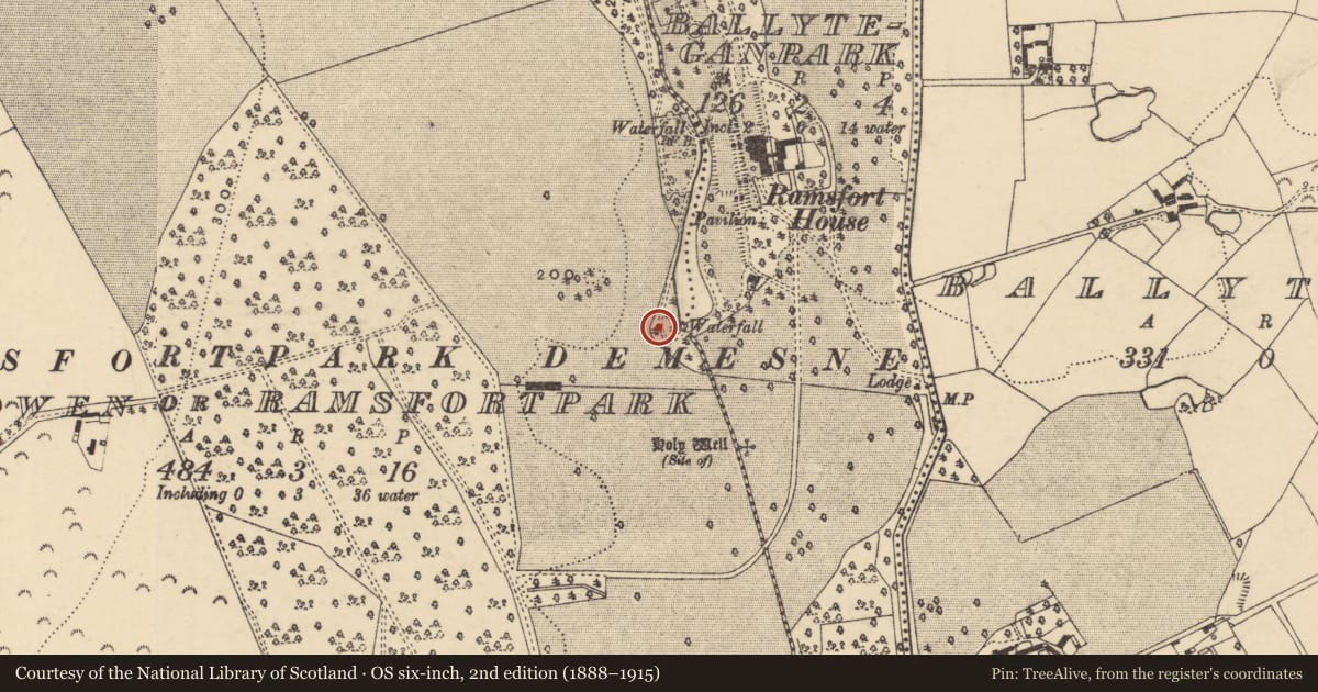 Ordnance Survey six-inch map, 2nd edition (1888–1915) covering the location of Burial ground, Ballowen Or Ramsfort Park, County Wexford, with a pin at the register's coordinates