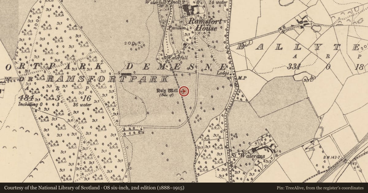 Ordnance Survey six-inch map, 2nd edition (1888–1915) covering the location of Ritual site - holy well, Ballytegan Park, County Wexford, with a pin at the register's coordinates