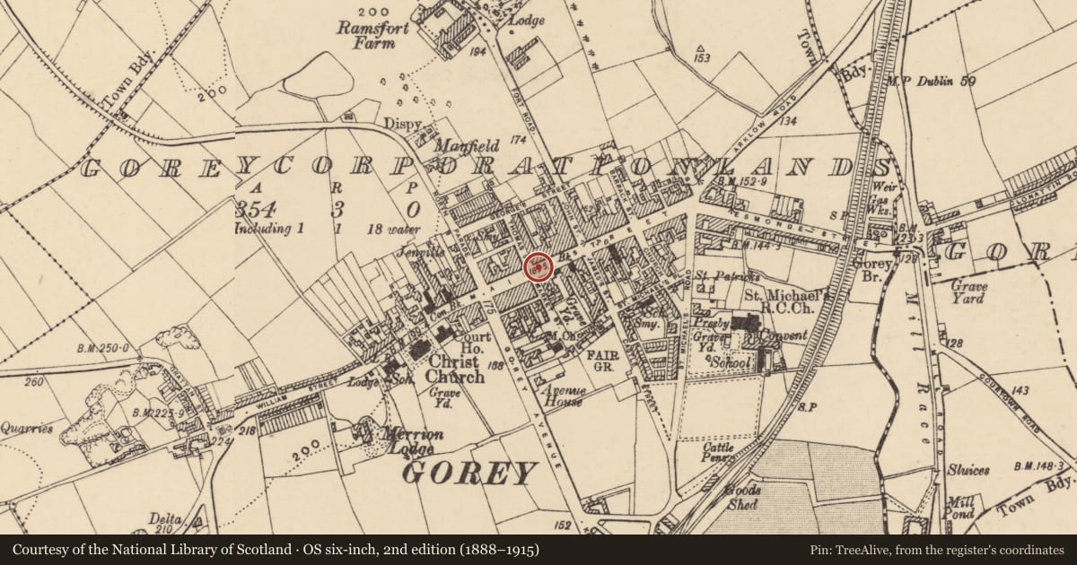 Ordnance Survey six-inch map, 2nd edition (1888–1915) covering the location of Historic town, Gorey Corporation Lands, County Wexford, with a pin at the register's coordinates