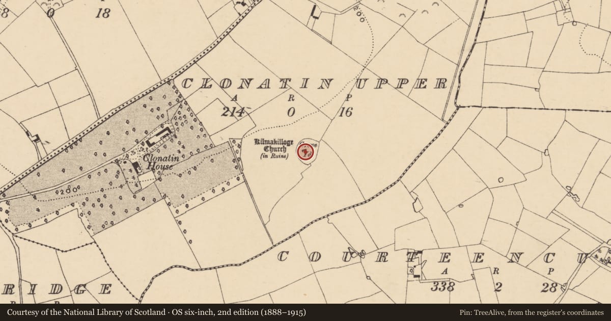 Ordnance Survey six-inch map, 2nd edition (1888–1915) covering the location of Church, Clonatin Upper, County Wexford, with a pin at the register's coordinates