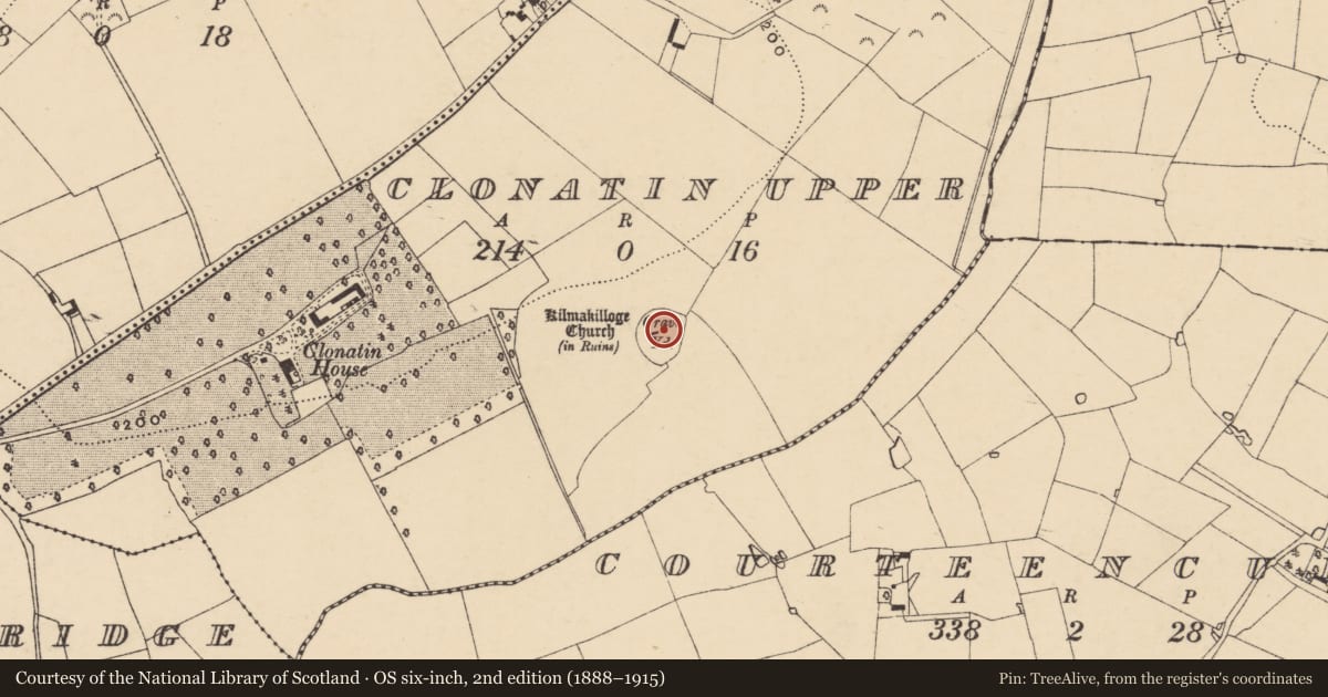 Ordnance Survey six-inch map, 2nd edition (1888–1915) covering the location of Graveyard, Clonatin Upper, County Wexford, with a pin at the register's coordinates