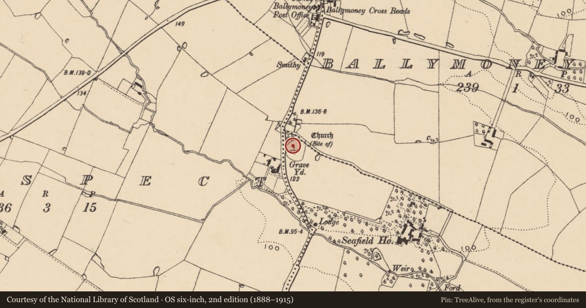 Ordnance Survey six-inch map, 2nd edition (1888–1915) covering the location of Church, Seafield, County Wexford, with a pin at the register's coordinates