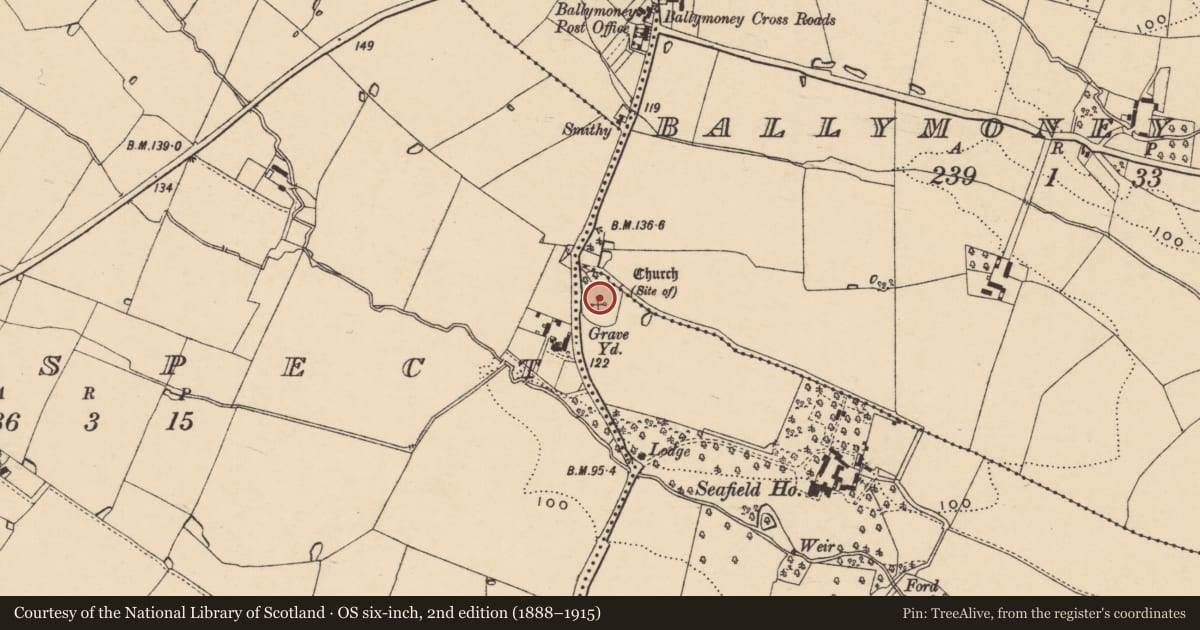Ordnance Survey six-inch map, 2nd edition (1888–1915) covering the location of Graveyard, Seafield, County Wexford, with a pin at the register's coordinates