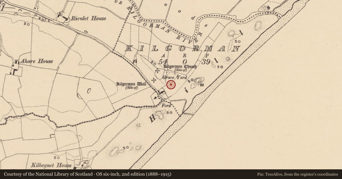 Ordnance Survey six-inch map, 2nd edition (1888–1915) covering the location of Mound, Kilgorman, County Wexford, with a pin at the register's coordinates
