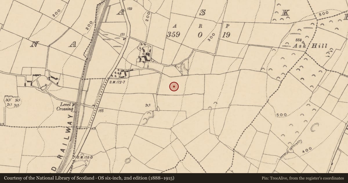 Ordnance Survey six-inch map, 2nd edition (1888–1915) covering the location of Flat cemetery, Ask, County Wexford, with a pin at the register's coordinates