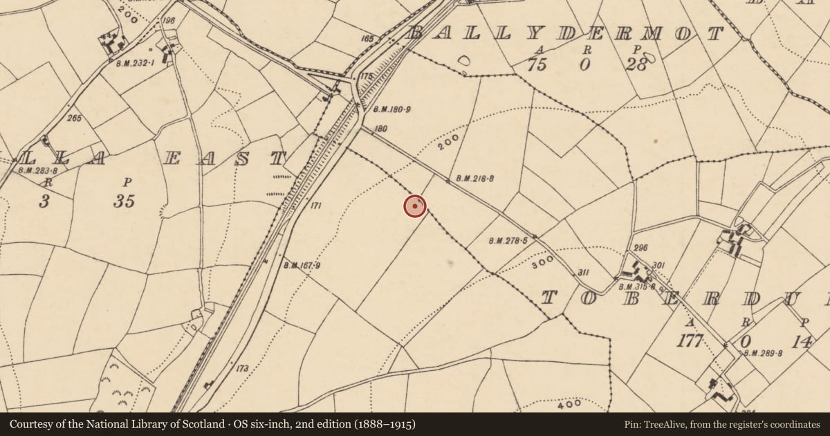 Ordnance Survey six-inch map, 2nd edition (1888–1915) covering the location of Ring-ditch, Ask, County Wexford, with a pin at the register's coordinates
