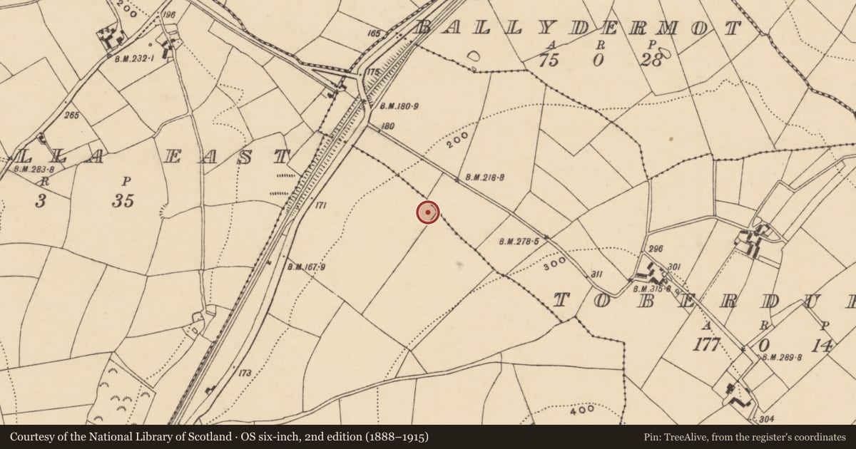 Ordnance Survey six-inch map, 2nd edition (1888–1915) covering the location of Flat cemetery, Ask, County Wexford, with a pin at the register's coordinates