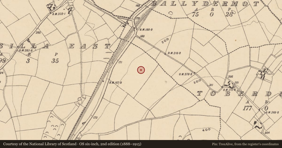 Ordnance Survey six-inch map, 2nd edition (1888–1915) covering the location of Ring-ditch, Ask, County Wexford, with a pin at the register's coordinates