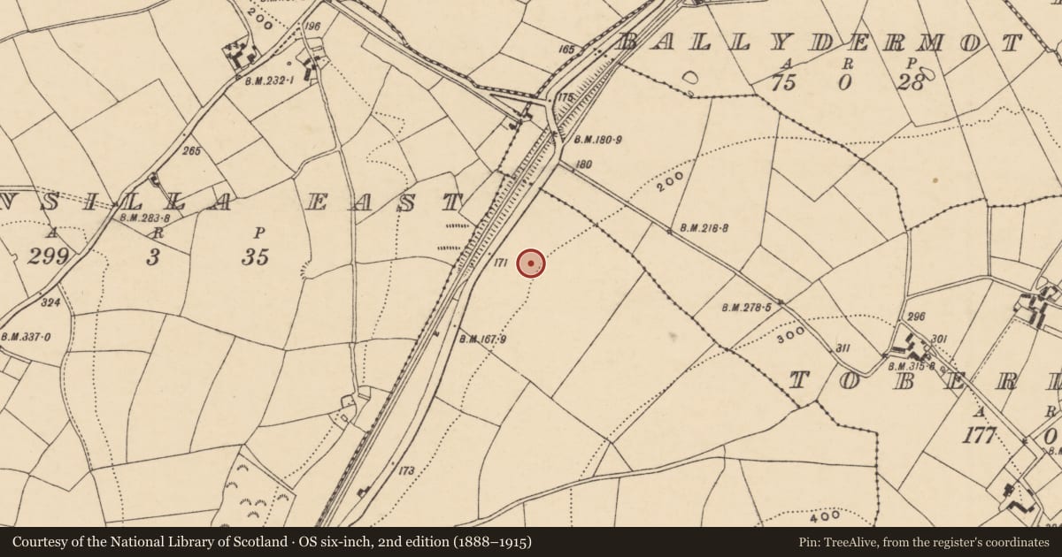 Ordnance Survey six-inch map, 2nd edition (1888–1915) covering the location of Ring-ditch, Ask, County Wexford, with a pin at the register's coordinates