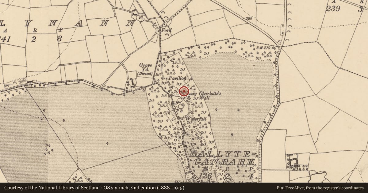 Ordnance Survey six-inch map, 2nd edition (1888–1915) covering the location of Well, Ballytegan Park, County Wexford, with a pin at the register's coordinates