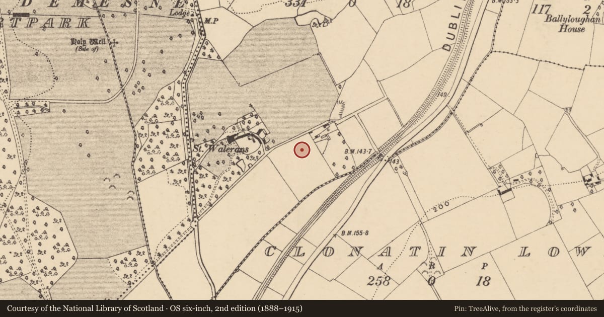 Ordnance Survey six-inch map, 2nd edition (1888–1915) covering the location of Kiln - corn-drying, Ballytegan, County Wexford, with a pin at the register's coordinates