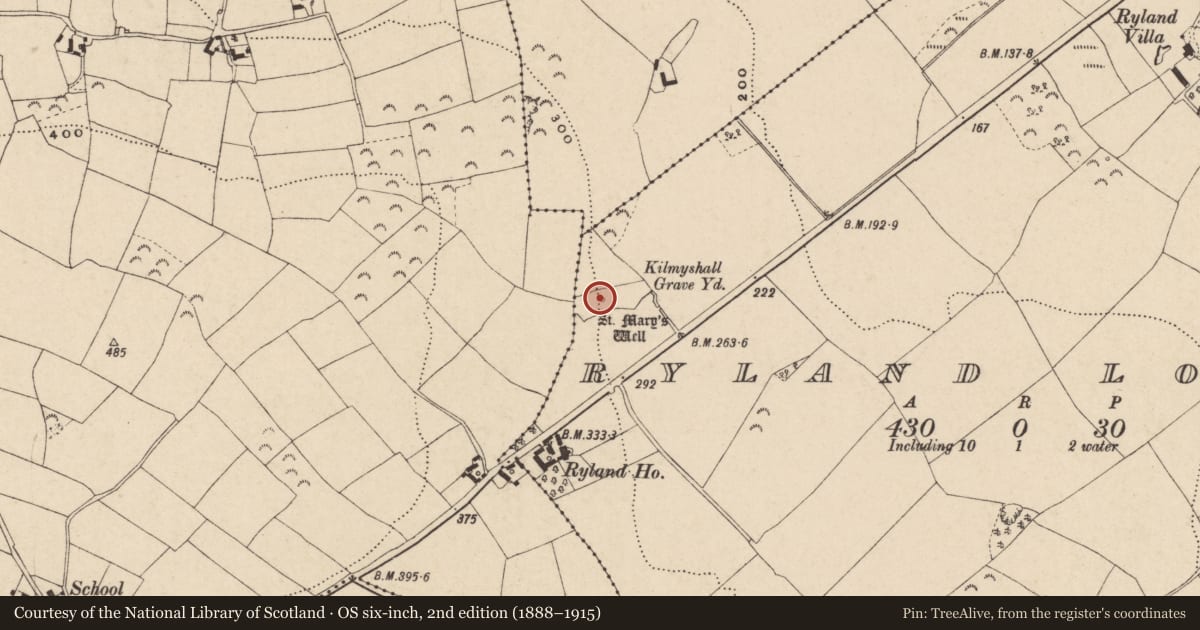 Ordnance Survey six-inch map, 2nd edition (1888–1915) covering the location of Ritual site - holy well, Ryland Lower, County Wexford, with a pin at the register's coordinates