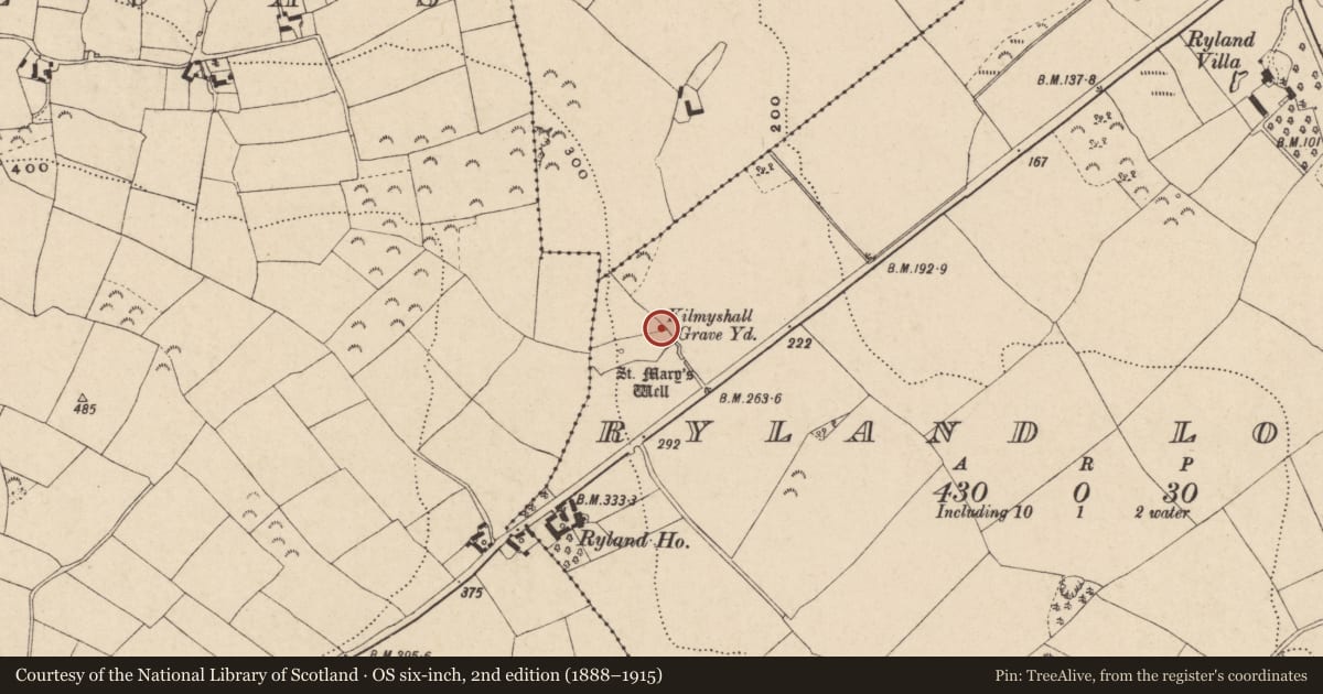 Ordnance Survey six-inch map, 2nd edition (1888–1915) covering the location of Ecclesiastical enclosure, Ryland Lower, County Wexford, with a pin at the register's coordinates