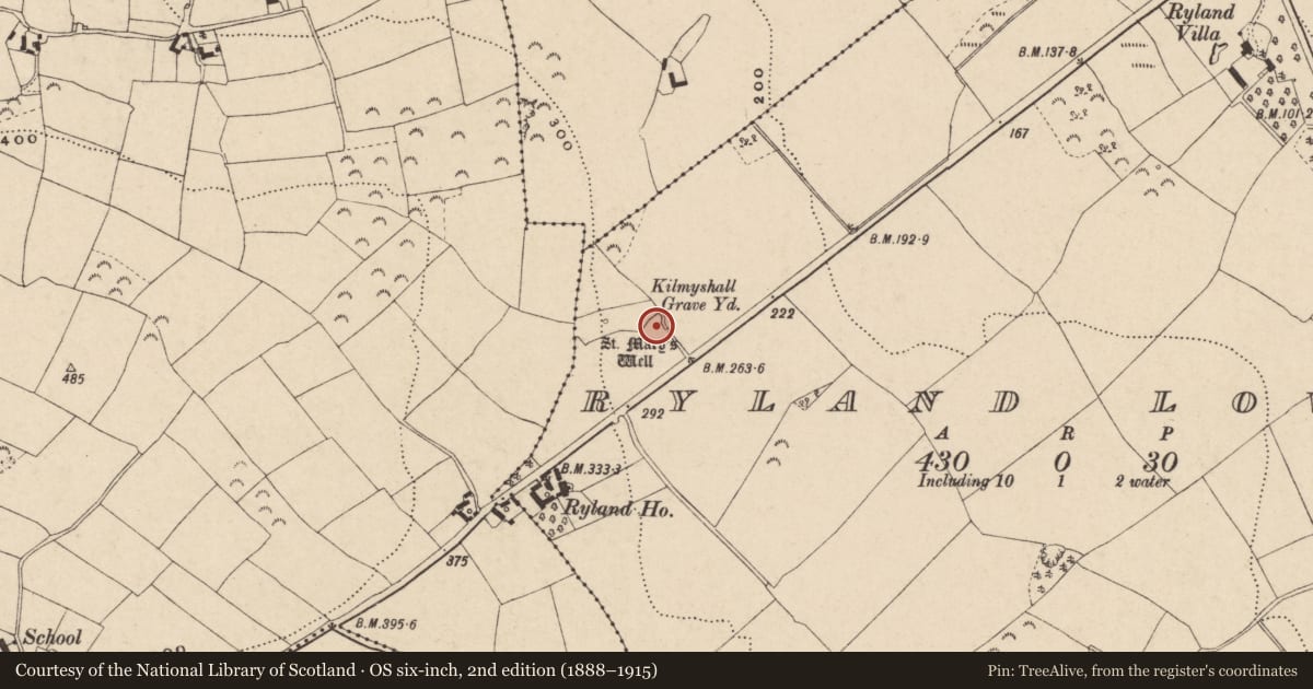 Ordnance Survey six-inch map, 2nd edition (1888–1915) covering the location of Ringfort - rath, Ryland Lower, County Wexford, with a pin at the register's coordinates
