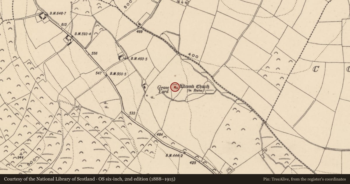 Ordnance Survey six-inch map, 2nd edition (1888–1915) covering the location of Church, Ballyduff, County Wexford, with a pin at the register's coordinates