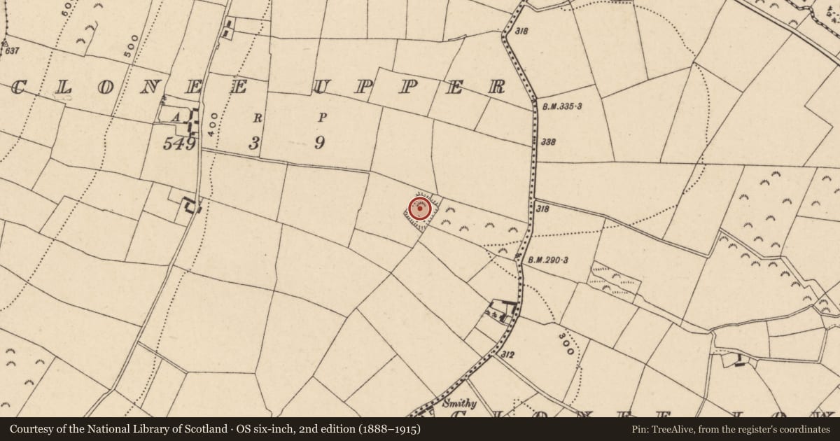 Ordnance Survey six-inch map, 2nd edition (1888–1915) covering the location of Moated site, Clonee Upper, County Wexford, with a pin at the register's coordinates