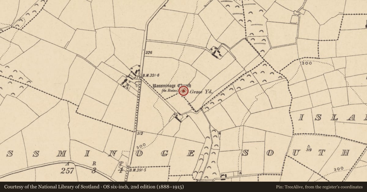 Ordnance Survey six-inch map, 2nd edition (1888–1915) covering the location of Church, Rossminoge North, County Wexford, with a pin at the register's coordinates