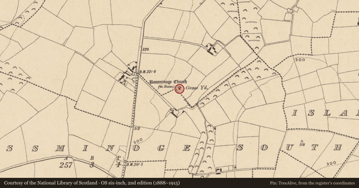 Ordnance Survey six-inch map, 2nd edition (1888–1915) covering the location of Graveyard, Rossminoge North, County Wexford, with a pin at the register's coordinates