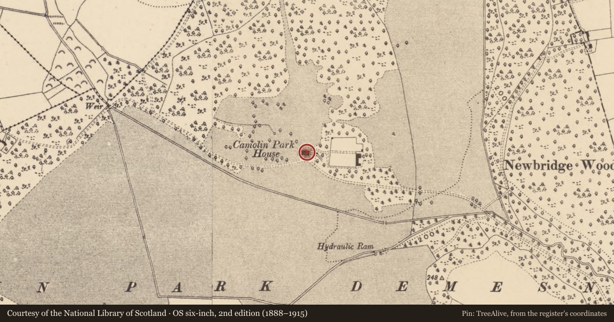 Ordnance Survey six-inch map, 2nd edition (1888–1915) covering the location of House - 17th century, Camolin Park, County Wexford, with a pin at the register's coordinates