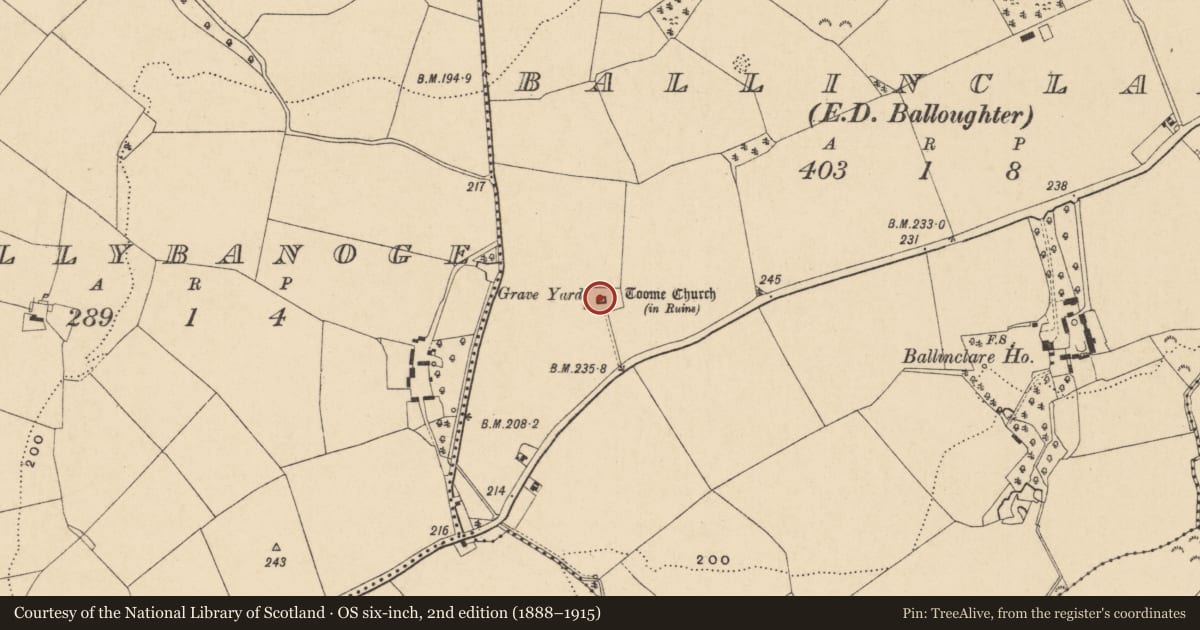 Ordnance Survey six-inch map, 2nd edition (1888–1915) covering the location of Church, Ballinclare, County Wexford, with a pin at the register's coordinates