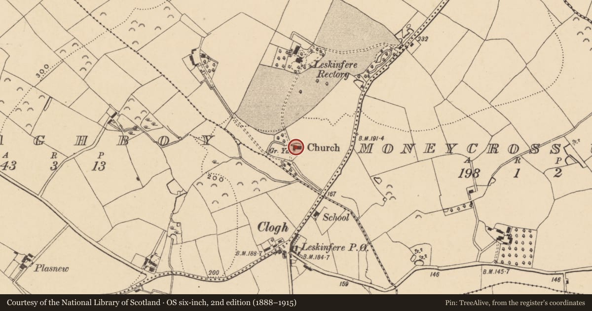 Ordnance Survey six-inch map, 2nd edition (1888–1915) covering the location of Church, Churchtown, County Wexford, with a pin at the register's coordinates