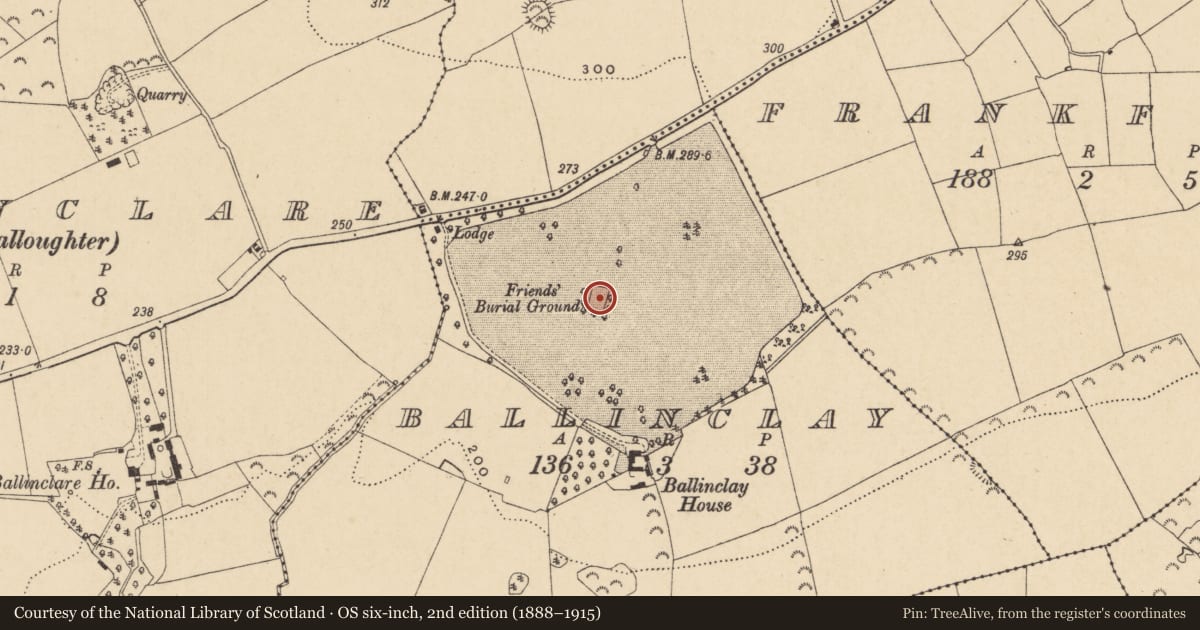 Ordnance Survey six-inch map, 2nd edition (1888–1915) covering the location of Burial ground, Ballinclay, County Wexford, with a pin at the register's coordinates