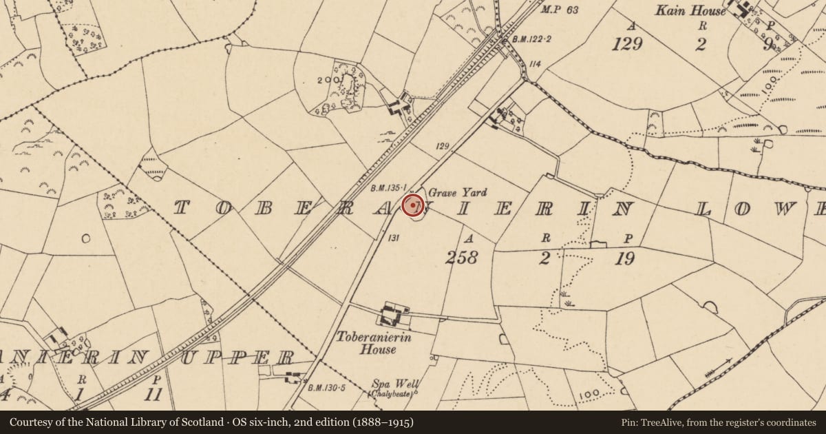 Ordnance Survey six-inch map, 2nd edition (1888–1915) covering the location of Burial ground, Toberanierin Lower, County Wexford, with a pin at the register's coordinates