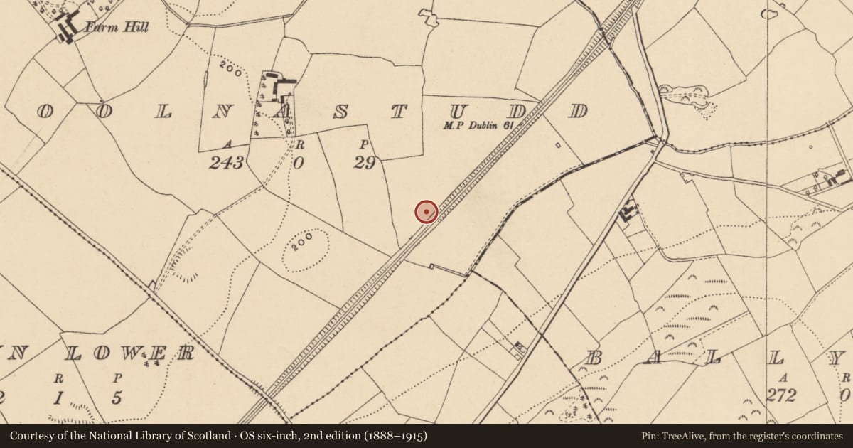 Ordnance Survey six-inch map, 2nd edition (1888–1915) covering the location of Fulacht fia, Coolnastudd, County Wexford, with a pin at the register's coordinates