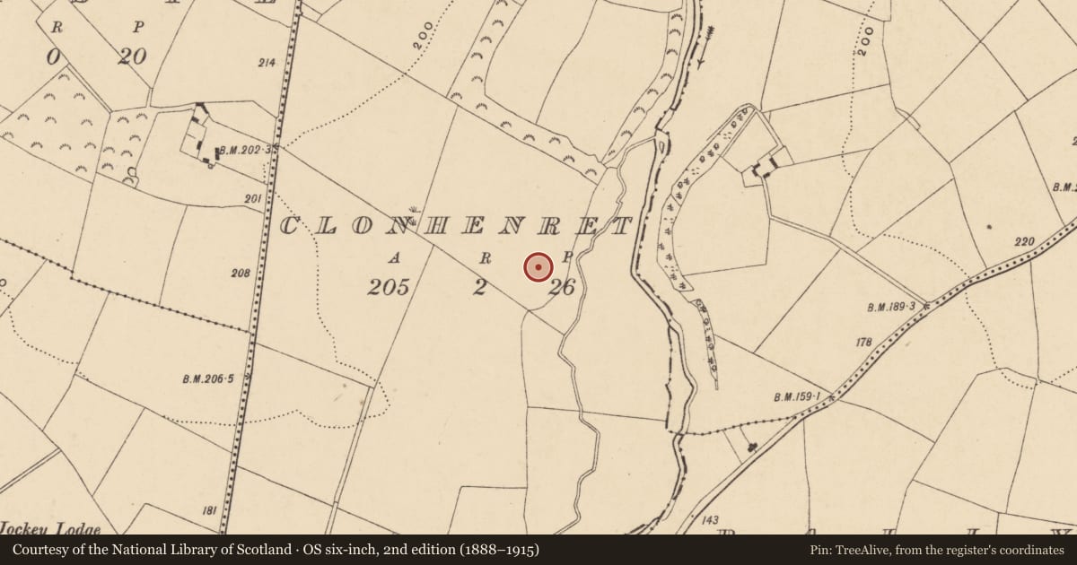 Ordnance Survey six-inch map, 2nd edition (1888–1915) covering the location of Enclosure, Clonhenret, County Wexford, with a pin at the register's coordinates