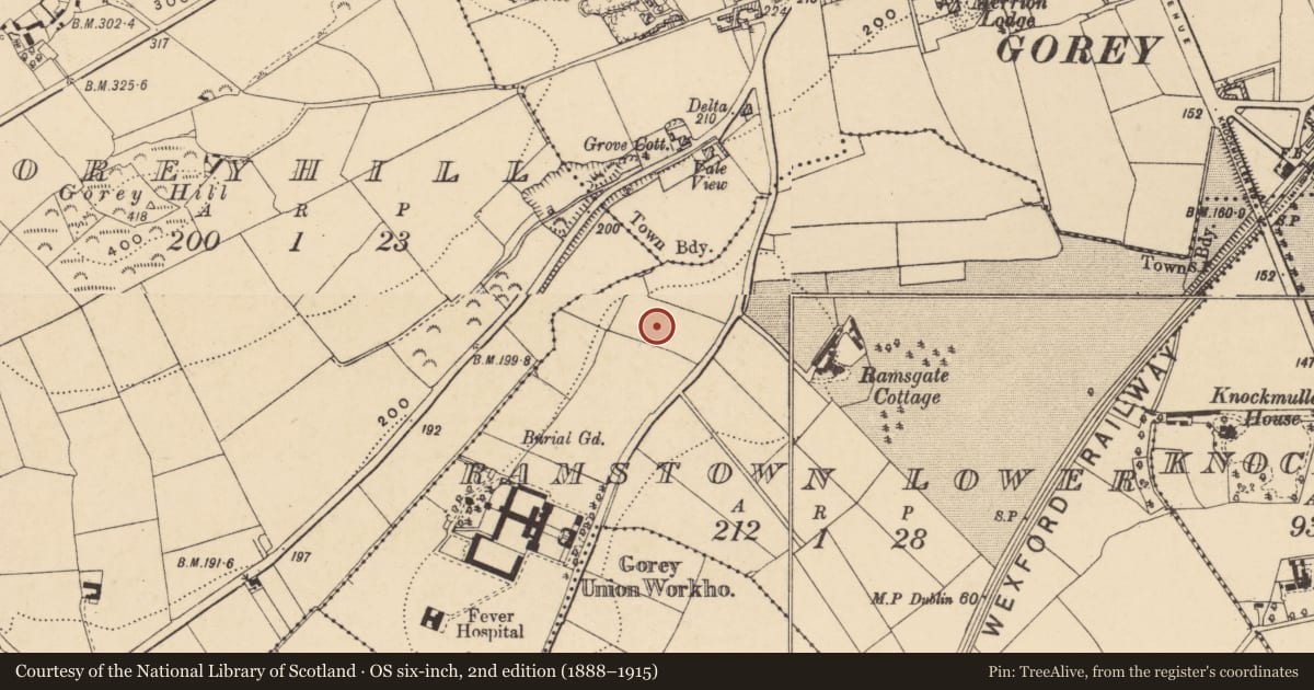 Ordnance Survey six-inch map, 2nd edition (1888–1915) covering the location of Kiln, Ramstown Lower, County Wexford, with a pin at the register's coordinates