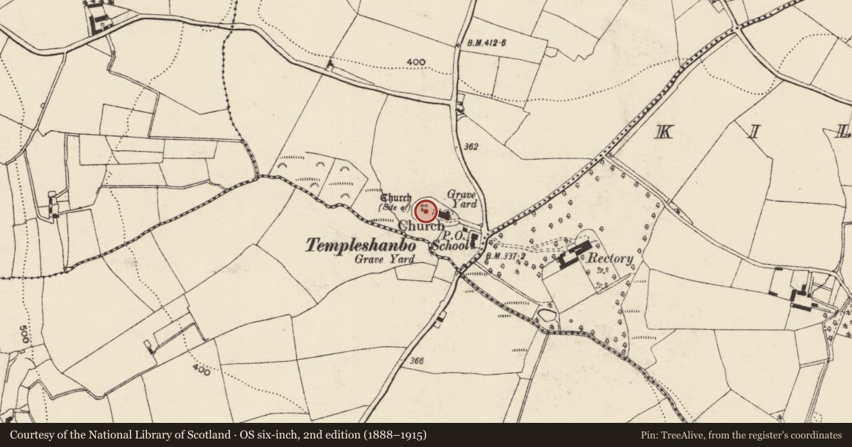 Ordnance Survey six-inch map, 2nd edition (1888–1915) covering the location of Ecclesiastical enclosure, Bola Beg, County Wexford, with a pin at the register's coordinates