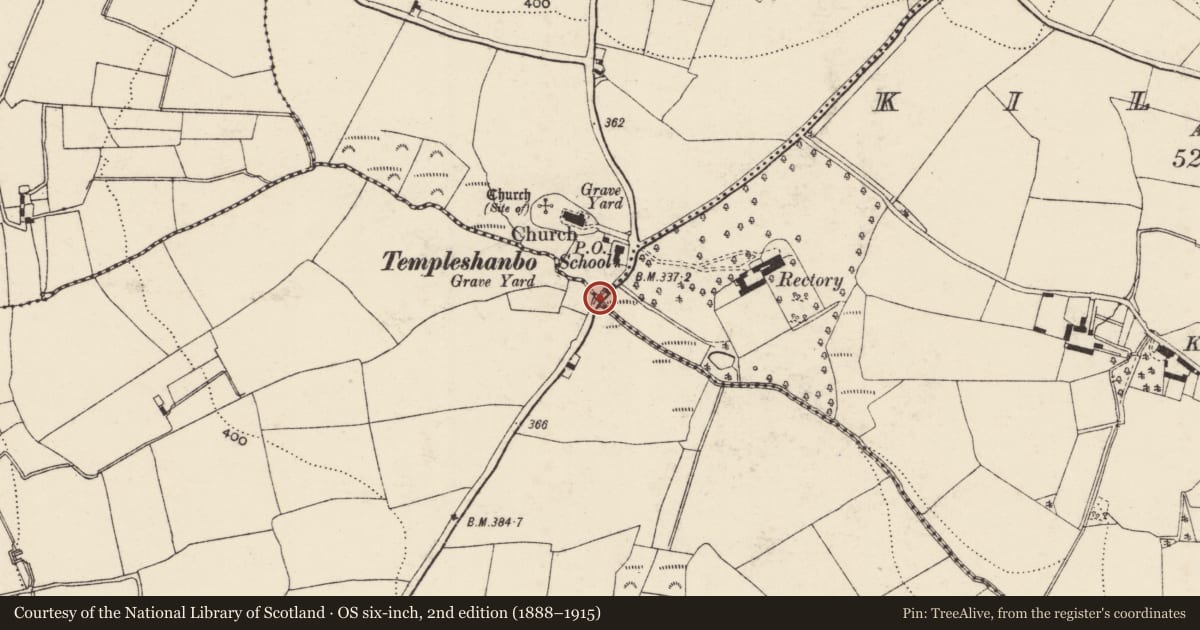 Ordnance Survey six-inch map, 2nd edition (1888–1915) covering the location of Bullaun stone, Bola Beg, County Wexford, with a pin at the register's coordinates
