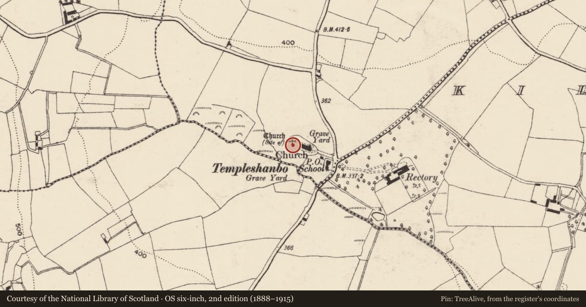 Ordnance Survey six-inch map, 2nd edition (1888–1915) covering the location of Bullaun stone, Bola Beg, County Wexford, with a pin at the register's coordinates