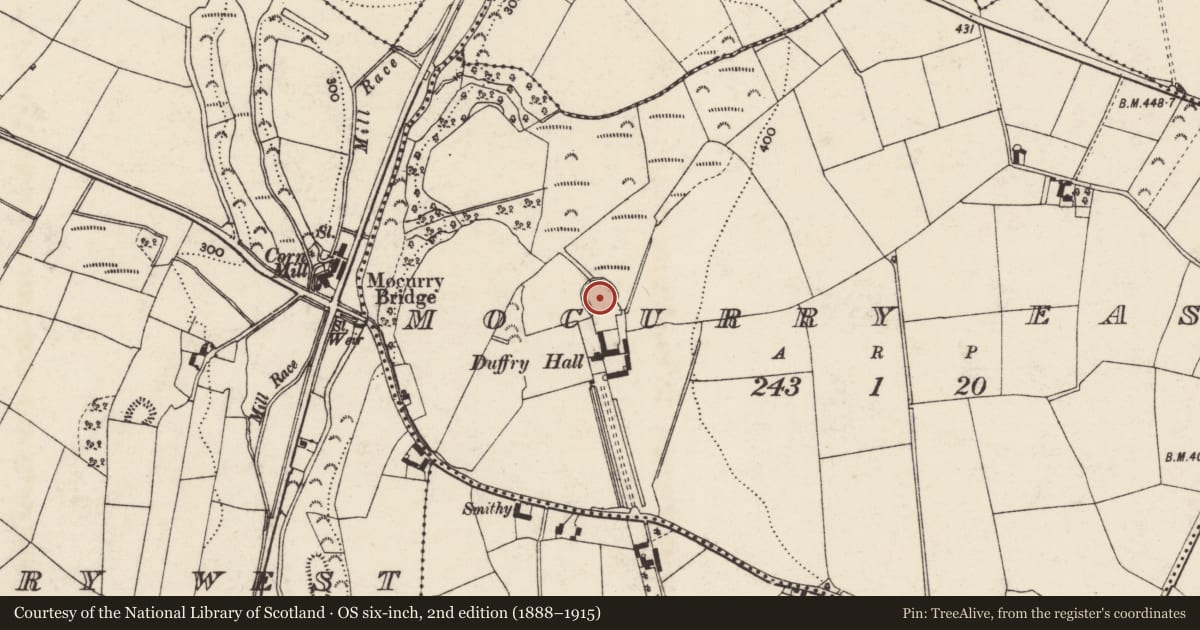 Ordnance Survey six-inch map, 2nd edition (1888–1915) covering the location of Moated site, Mocurry East, County Wexford, with a pin at the register's coordinates