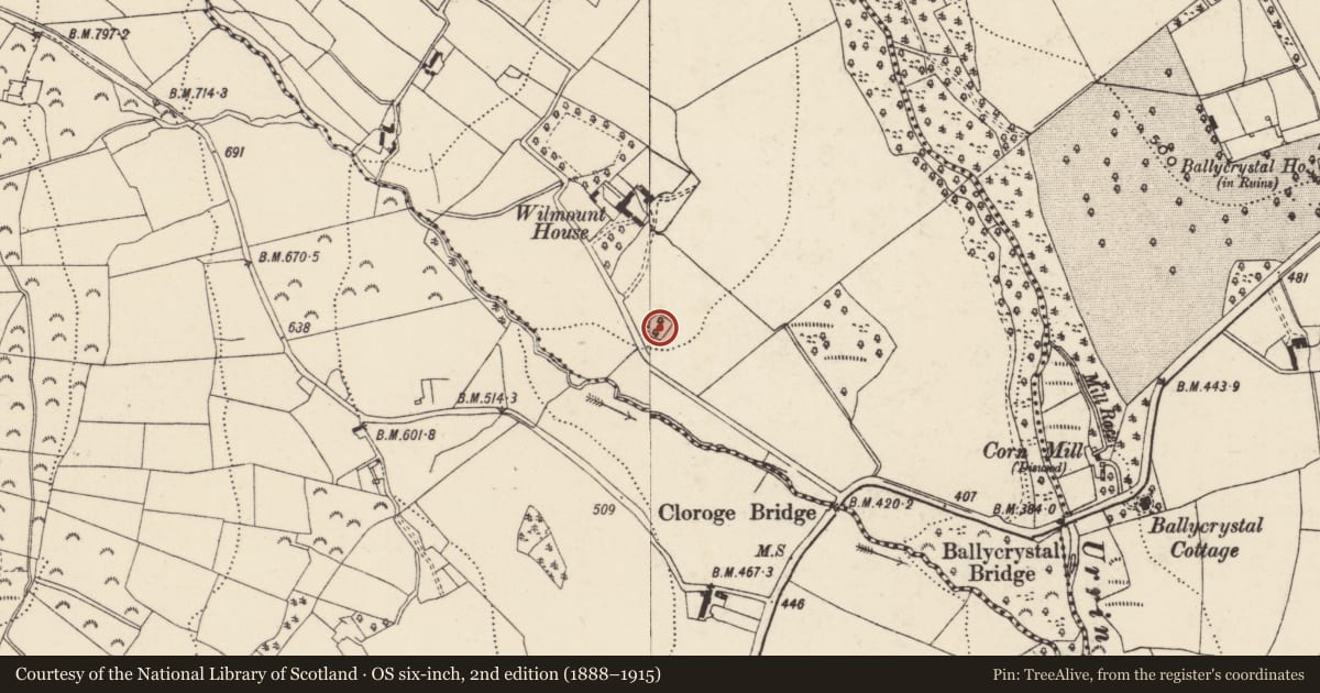 Ordnance Survey six-inch map, 2nd edition (1888–1915) covering the location of Enclosure, Cloroge Beg, County Wexford, with a pin at the register's coordinates