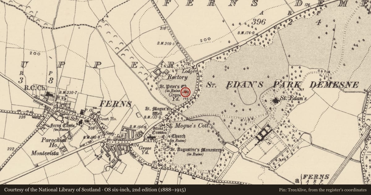Ordnance Survey six-inch map, 2nd edition (1888–1915) covering the location of Church, Ferns Upper, County Wexford, with a pin at the register's coordinates