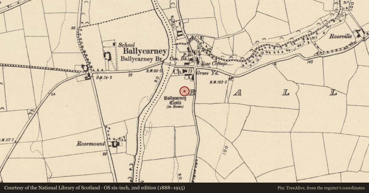 Ordnance Survey six-inch map, 2nd edition (1888–1915) covering the location of House - 17th century, Ballycarney, County Wexford, with a pin at the register's coordinates