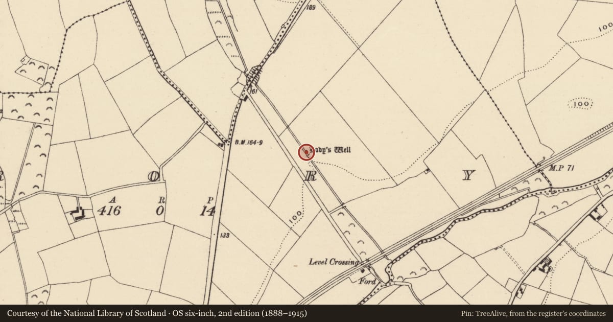 Ordnance Survey six-inch map, 2nd edition (1888–1915) covering the location of Ritual site - holy well, Crory, County Wexford, with a pin at the register's coordinates