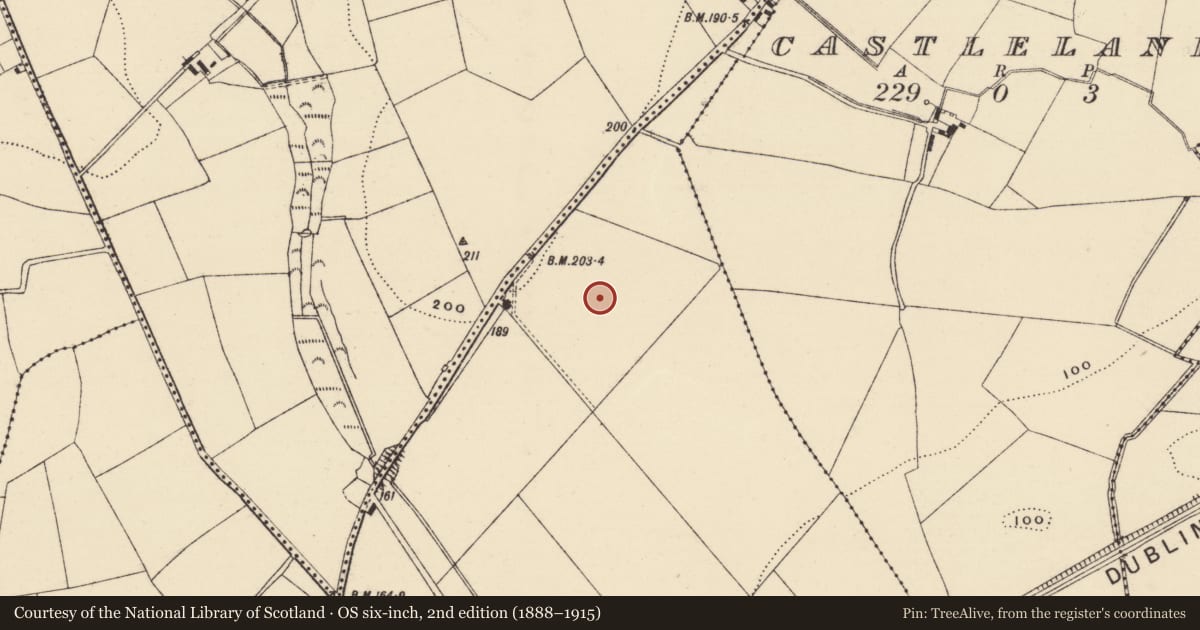 Ordnance Survey six-inch map, 2nd edition (1888–1915) covering the location of Enclosure - large enclosure, Crory, County Wexford, with a pin at the register's coordinates