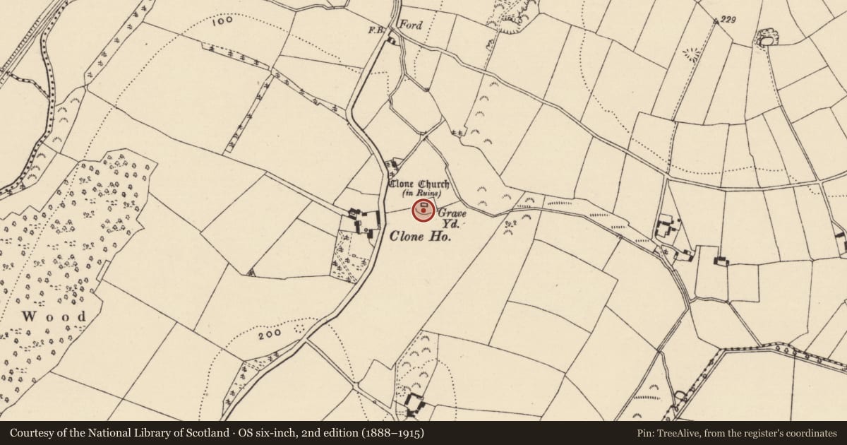 Ordnance Survey six-inch map, 2nd edition (1888–1915) covering the location of Church, Clone, County Wexford, with a pin at the register's coordinates