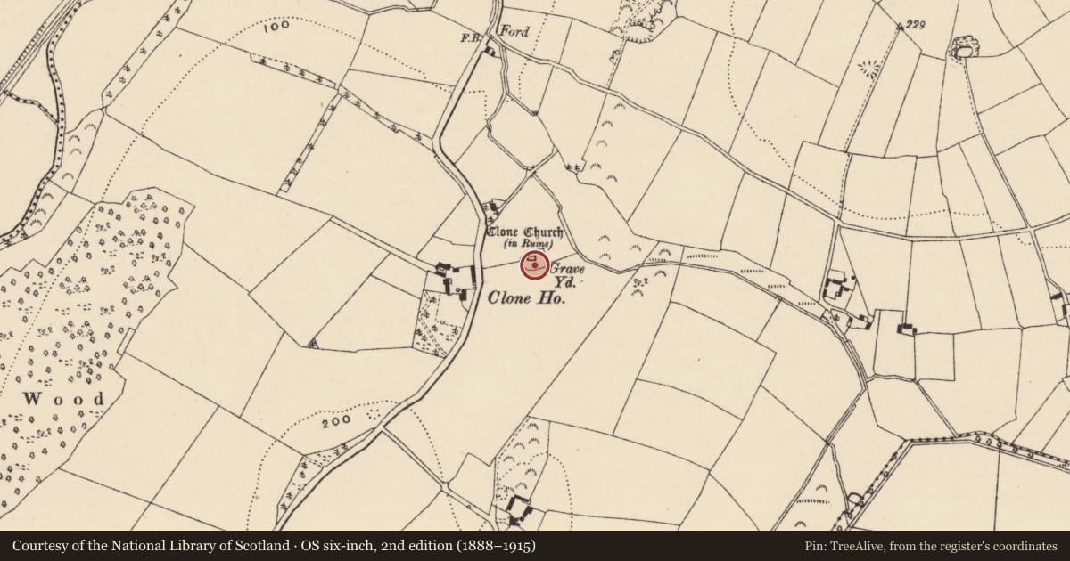 Ordnance Survey six-inch map, 2nd edition (1888–1915) covering the location of Architectural feature, Clone, County Wexford, with a pin at the register's coordinates