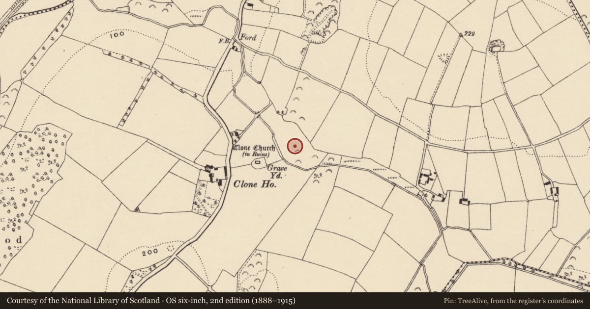 Ordnance Survey six-inch map, 2nd edition (1888–1915) covering the location of Burnt spread, Clone, County Wexford, with a pin at the register's coordinates