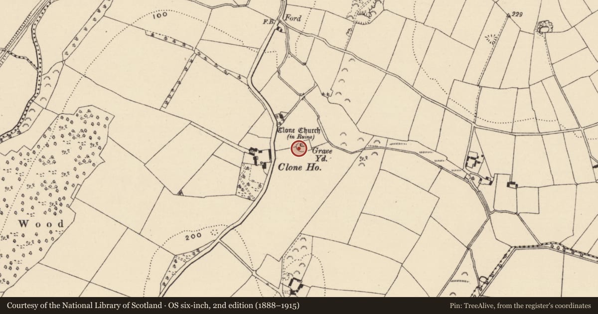 Ordnance Survey six-inch map, 2nd edition (1888–1915) covering the location of Stone head, Clone, County Wexford, with a pin at the register's coordinates